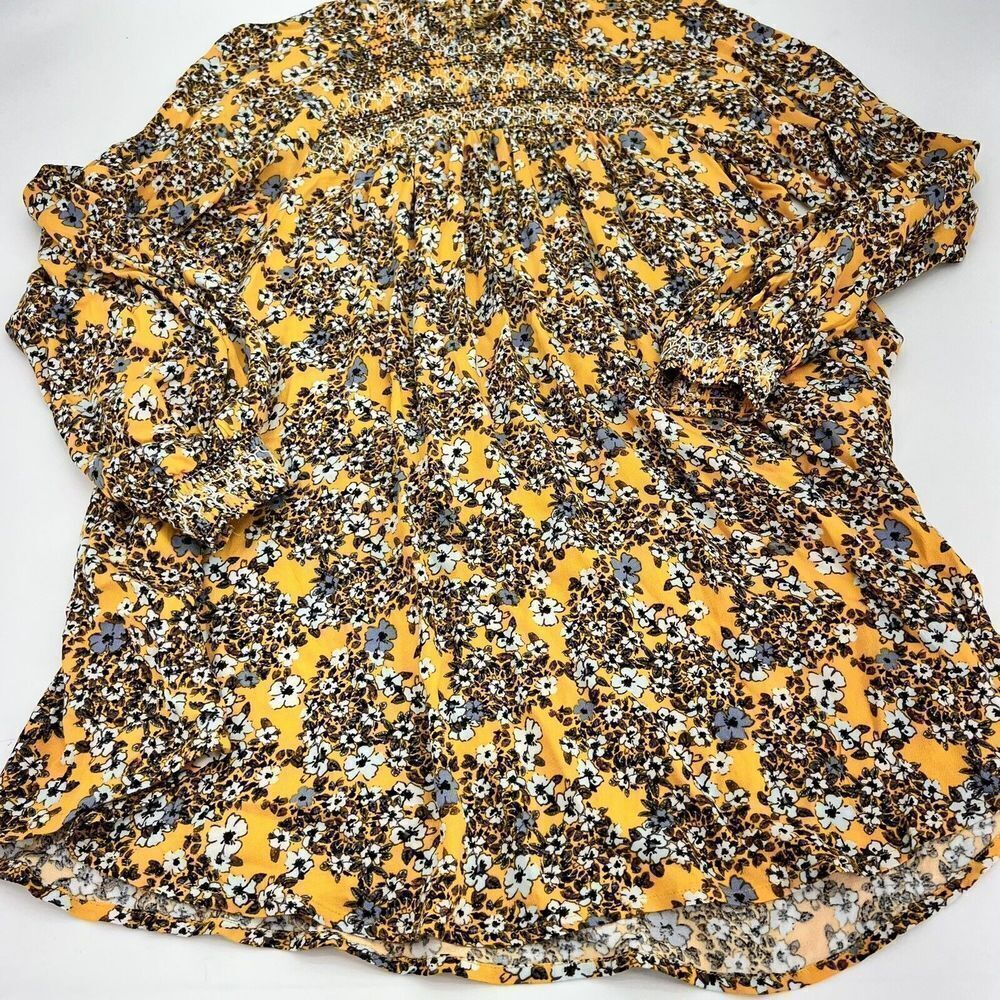 FREE PEOPLE Yellow Flowers in Her Hair Boho Print Smocked Long Tunic Top sz XS